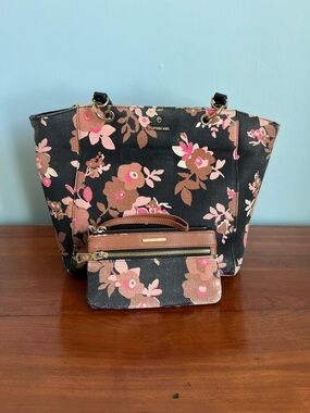 Spartina 449 Black Floral Tote with Pink and Brown Accents